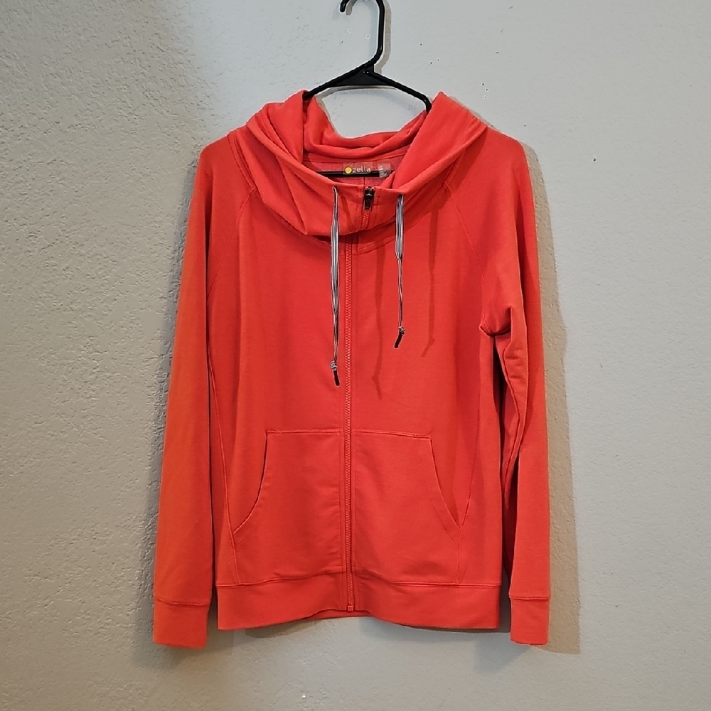 Zella Vibrant Coral Zip-Up Cowlneck Long Sleeve, Womens, Size Small, Oversized - Picture 1 of 6
